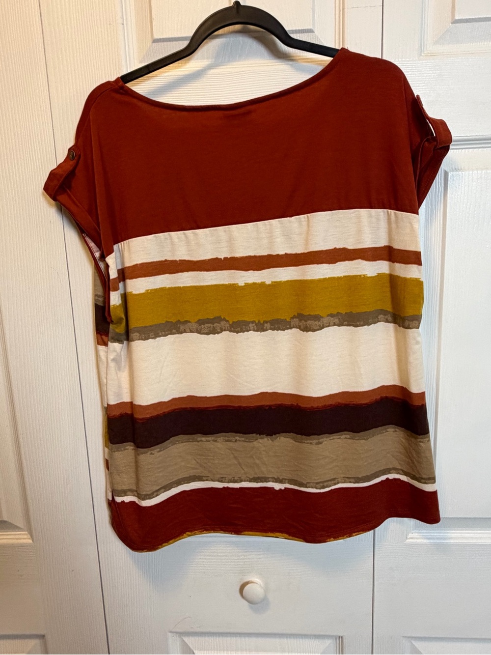 Rust Stripe Colorblock Short Sleeve Top XL Boho Casual Stretch Blouse - Picture 5 of 6